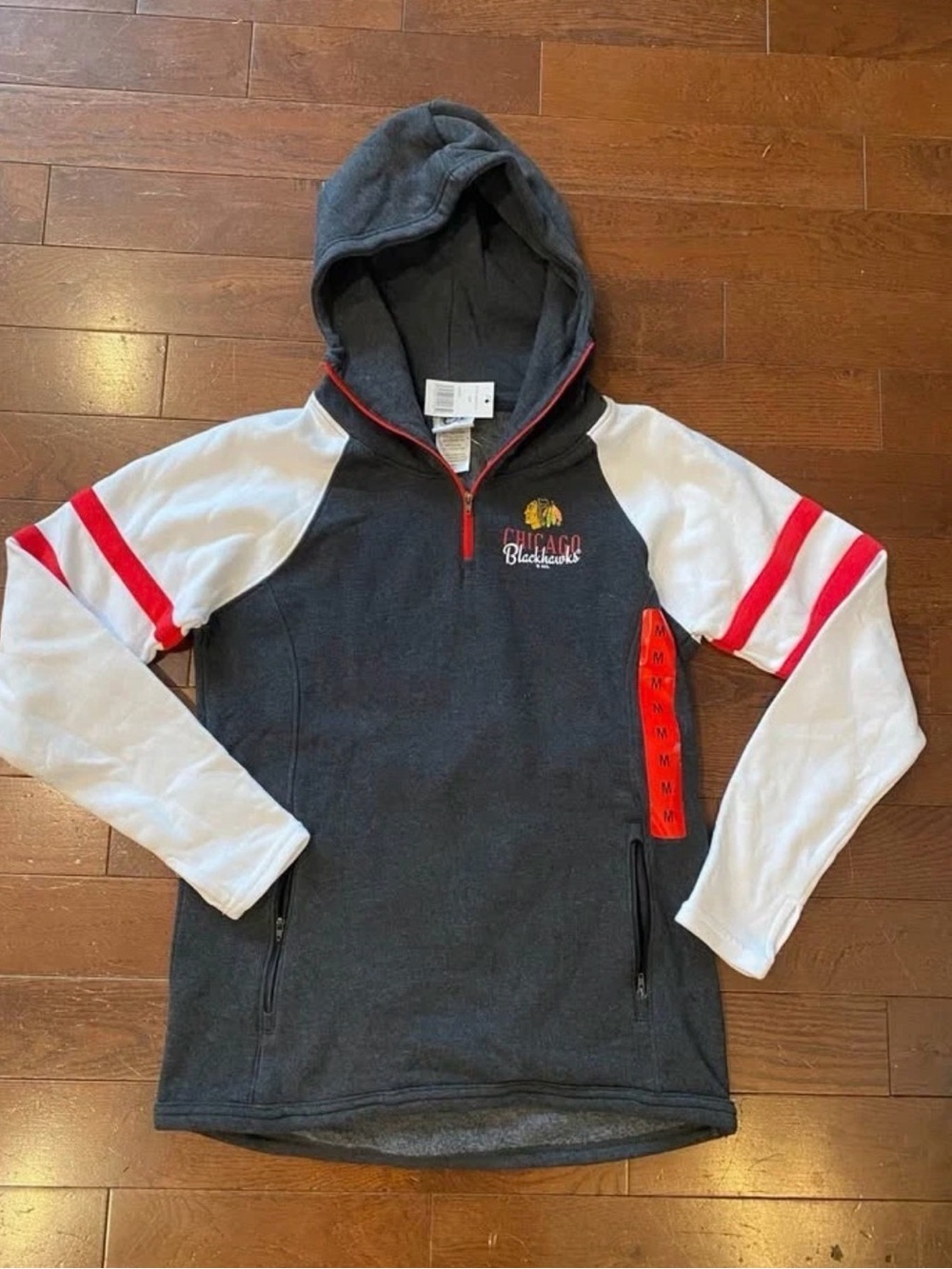 NHL Chicago Blackhawks Charcoal Hoodie w/ White Sleeves & Red Retro Stripes